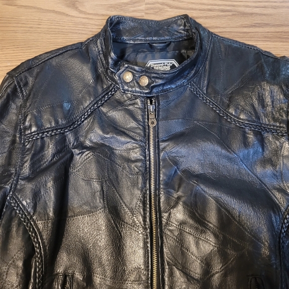 Black Patchwork Leather Motorcycle Jacket - Picture 13 of 14